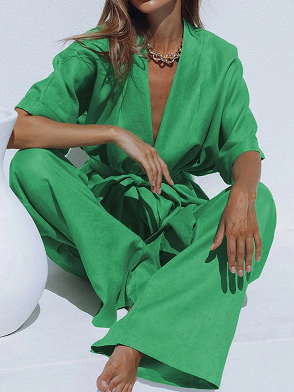 Commense Vibrant Green Wide-Leg Linen Pants with Self-Tie Waist XS